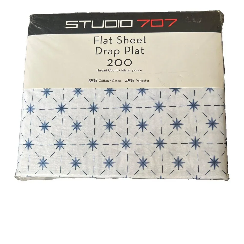 Vintage Studio 707 Twin Flat Sheet White Blue Atomic Pattern 200 Thread Ct New